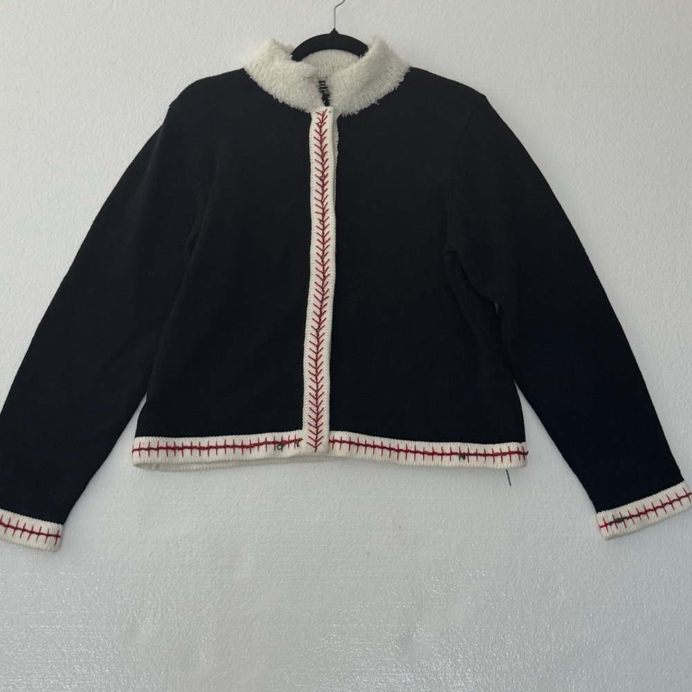 Vintage Christine Rotelli Fuzzy Collar Stitching accent Black Cardigan Sweater L